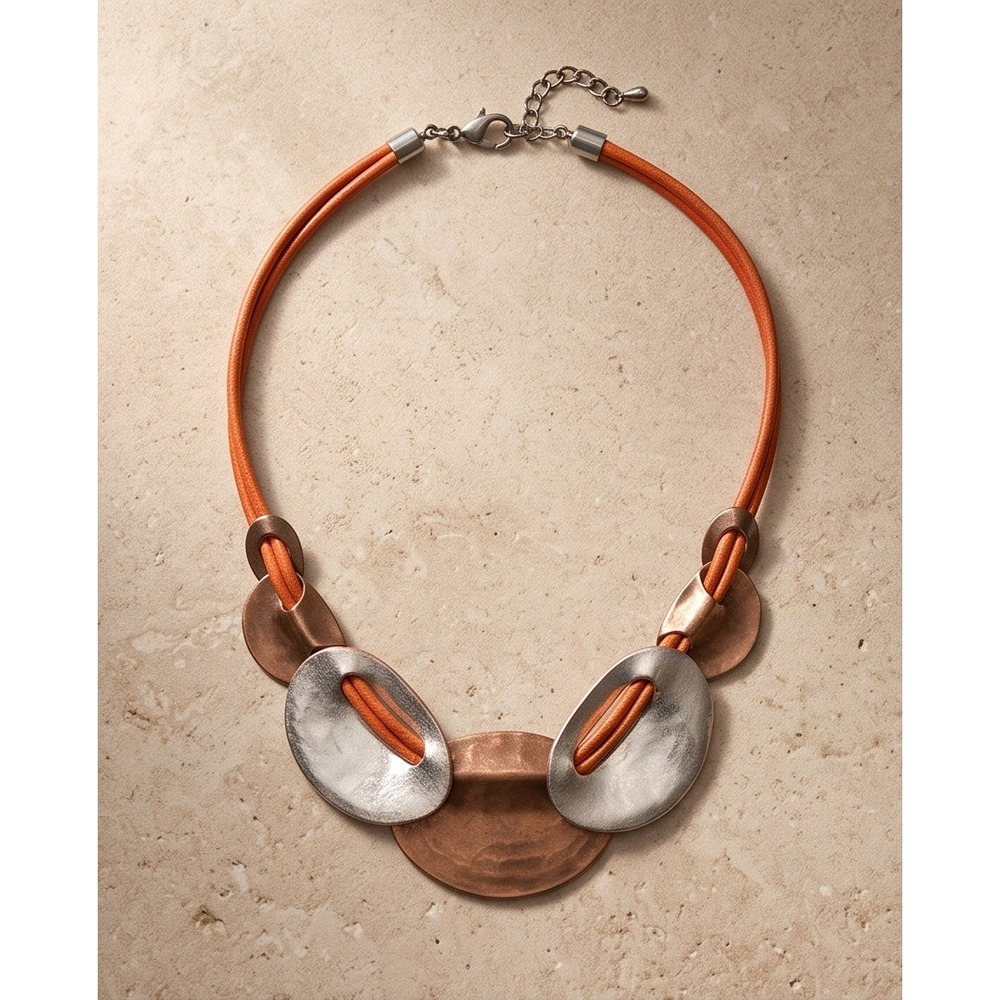 Chico's Mixed Metal Hammered Disc Orange Cord Statement Necklace